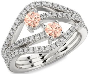 Diamond Morganite Silver Round Two Stone Pave Ring