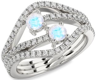 Diamond Moonstone Silver Round Two Stone Pave Ring
