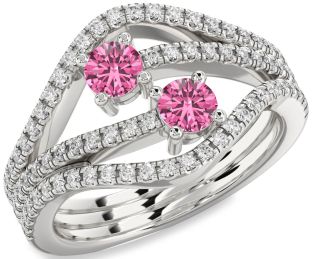 Diamond Pink Sapphire Silver Round Two Stone Pave Ring