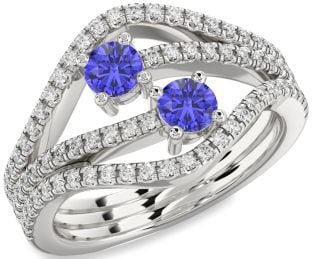Diamond Tanzanite Silver Round Two Stone Pave Ring