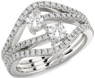 Diamond White Sapphire Silver Round Two Stone Pave Ring