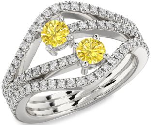 Yellow Diamond Silver Round Two Stone Pave Ring