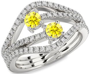 Diamond Yellow Sapphire Silver Round Two Stone Pave Ring