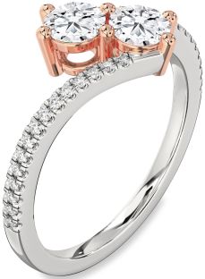 Diamond Silver & 10K Rose Gold Round Two Stone Pave Ring