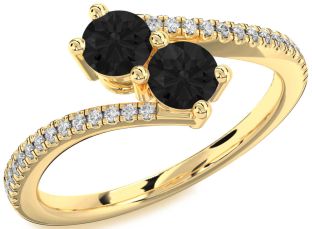 Black Diamond Gold Silver Round Two Stone Pave Ring