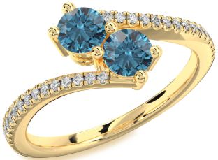 Blue Diamond Gold Silver Round Two Stone Pave Ring