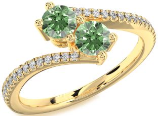 Green Diamond Gold Silver Round Two Stone Pave Ring