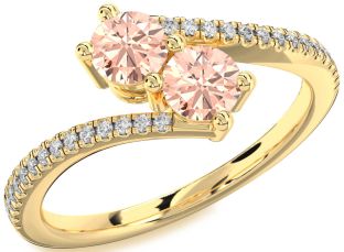 Diamond Morganite Gold Round Two Stone Pave Ring
