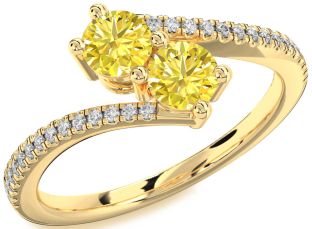 Yellow Diamond Gold Silver Round Two Stone Pave Ring