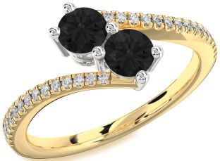 Black Diamond Gold Silver Round Two Stone Pave Ring