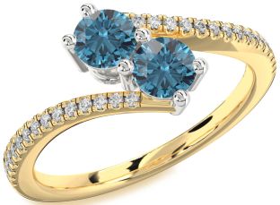 Blue Diamond Gold Silver Round Two Stone Pave Ring