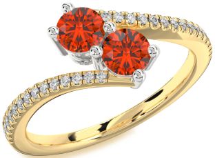 Diamond Fire Opal Gold Silver Round Two Stone Pave Ring