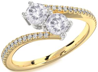 Salt & Pepper Diamond Gold Silver Round Two Stone Pave Ring