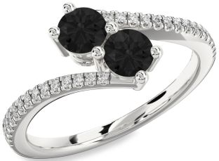Black Diamond Silver Round Two Stone Pave Ring