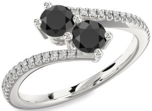 Diamond Black Onyx Silver Round Two Stone Pave Ring