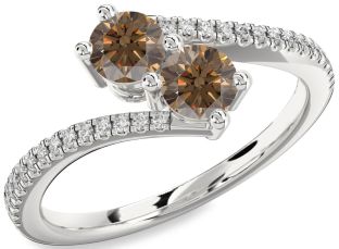 Chocolate Brown Diamond Silver Round Two Stone Pave Ring