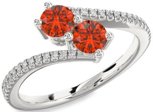 Diamond Fire Opal Silver Round Two Stone Pave Ring