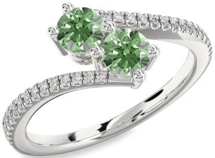 Green Diamond Silver Round Two Stone Pave Ring