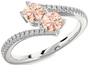 Diamond Morganite Silver Round Two Stone Pave Ring