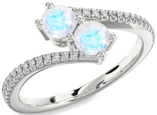 Diamond Moonstone Silver Round Two Stone Pave Ring