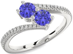 Diamond Tanzanite Silver Round Two Stone Pave Ring