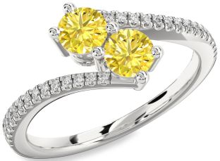Yellow Diamond Silver Round Two Stone Pave Ring