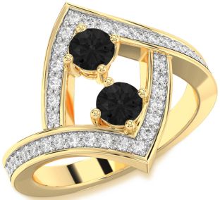 Black Diamond Gold Silver Round Two Stone Pave Ring