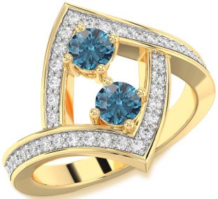 Blue Diamond Gold Silver Round Two Stone Pave Ring