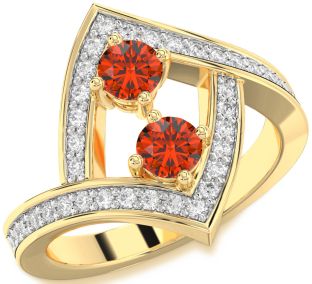 Diamond Fire Opal Gold Silver Round Two Stone Pave Ring