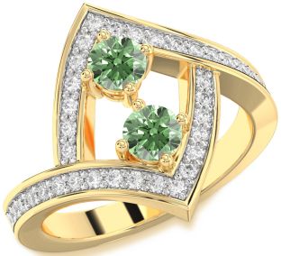 Green Diamond Gold Silver Round Two Stone Pave Ring