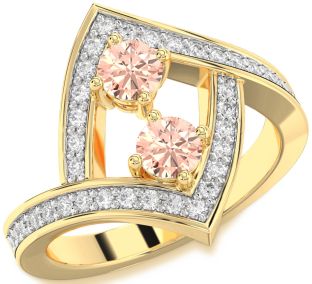 Diamond Morganite Gold Silver Round Two Stone Pave Ring