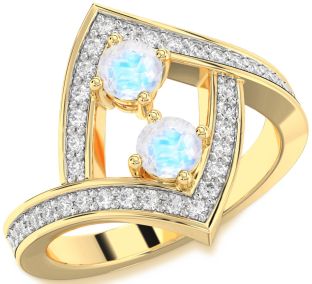 Diamond Moonstone Gold Silver Round Two Stone Pave Ring