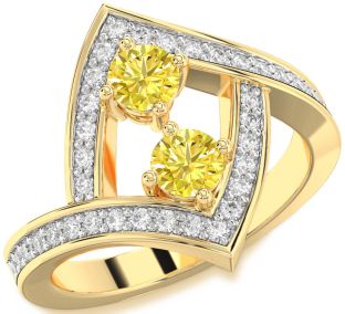 Yellow Diamond Gold Silver Round Two Stone Pave Ring