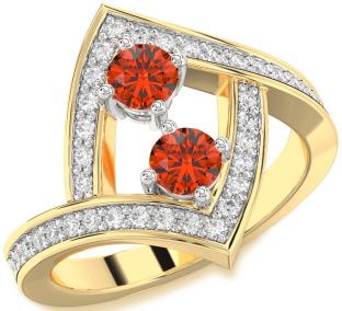 Diamond Fire Opal Gold Silver Round Two Stone Pave Ring