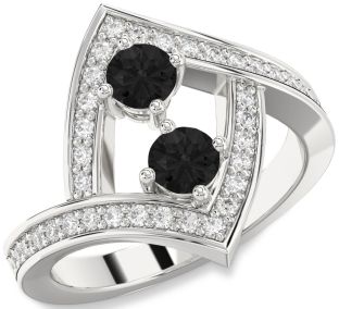 Black Diamond Silver Round Two Stone Pave Ring