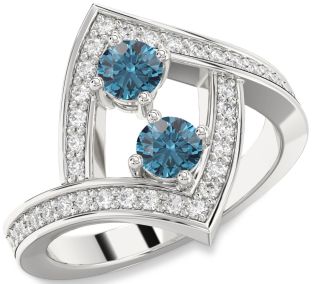 Blue Diamond Silver Round Two Stone Pave Ring