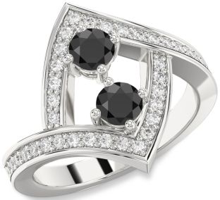 Diamond Black Onyx Silver Round Two Stone Pave Ring