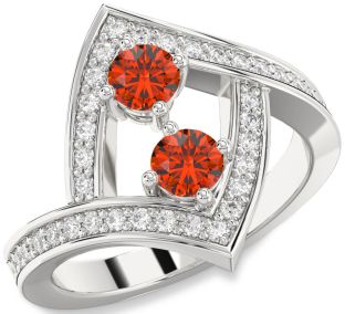 Diamond Fire Opal Silver Round Two Stone Pave Ring