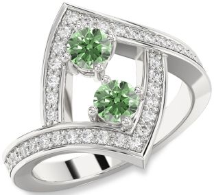 Green Diamond Silver Round Two Stone Pave Ring
