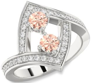 Diamond Morganite Silver Round Two Stone Pave Ring