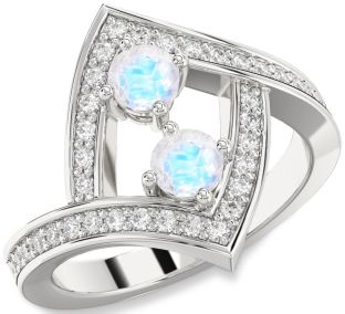 Diamond Moonstone Silver Round Two Stone Pave Ring