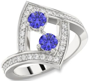 Diamond Tanzanite Silver Round Two Stone Pave Ring