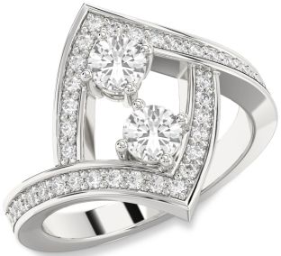 Diamond White Sapphire Silver Round Two Stone Pave Ring