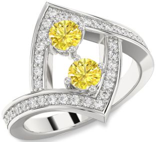 Yellow Diamond Silver Round Two Stone Pave Ring