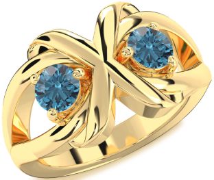 Blue Diamond Gold Silver Round Two Stone Ring