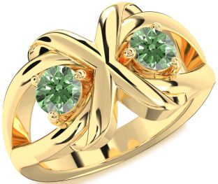 Green Diamond Gold Silver Round Two Stone Ring