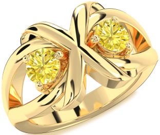 Yellow Diamond Gold Silver Round Two Stone Ring