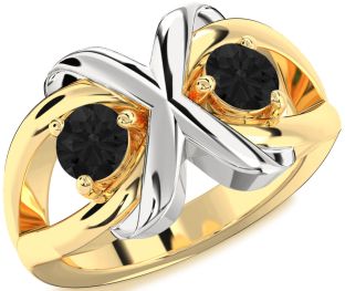 Black Diamond Gold Silver Round Two Stone Ring