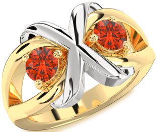 Fire Opal Gold Silver Round Two Stone Ring