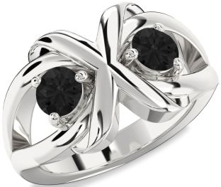 Black Diamond Silver Round Two Stone Ring